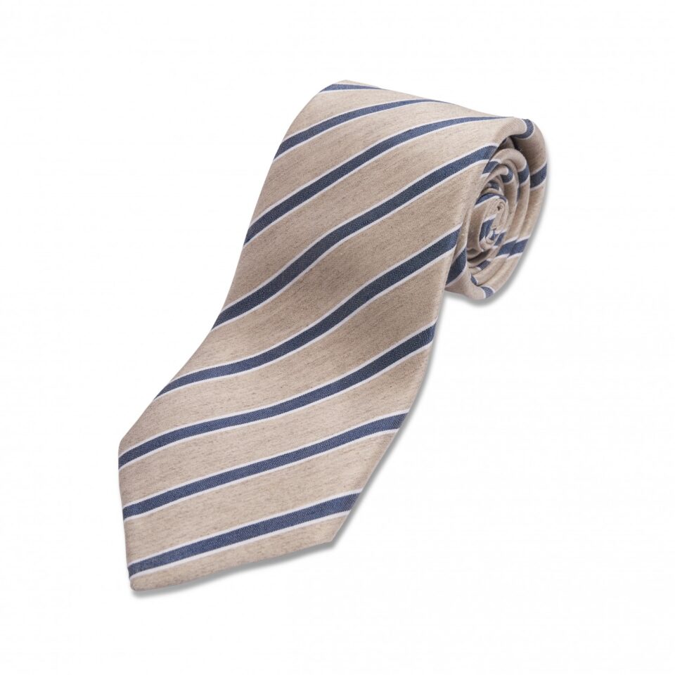 (product) Tan with Blue & White Stripe Linen/Silk Necktie, Rolled