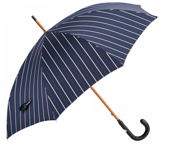 (product) Navy Striped Umbrella with Leather Handle, Open view