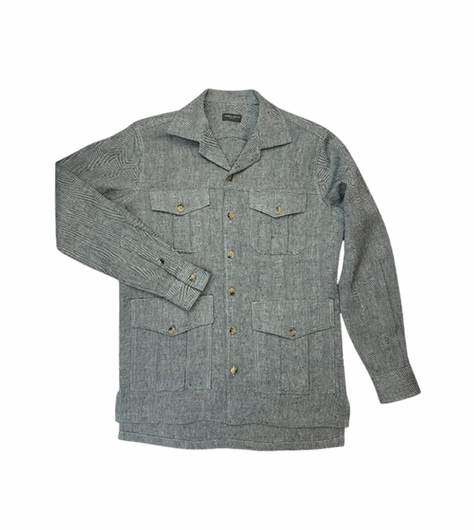 Black and White Herringbone Linen Safari Shirt Jacket