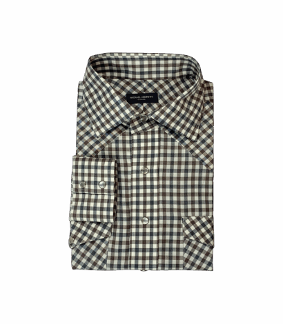 Custom Grey and Brown Gingham Merino Wool Western Shirt