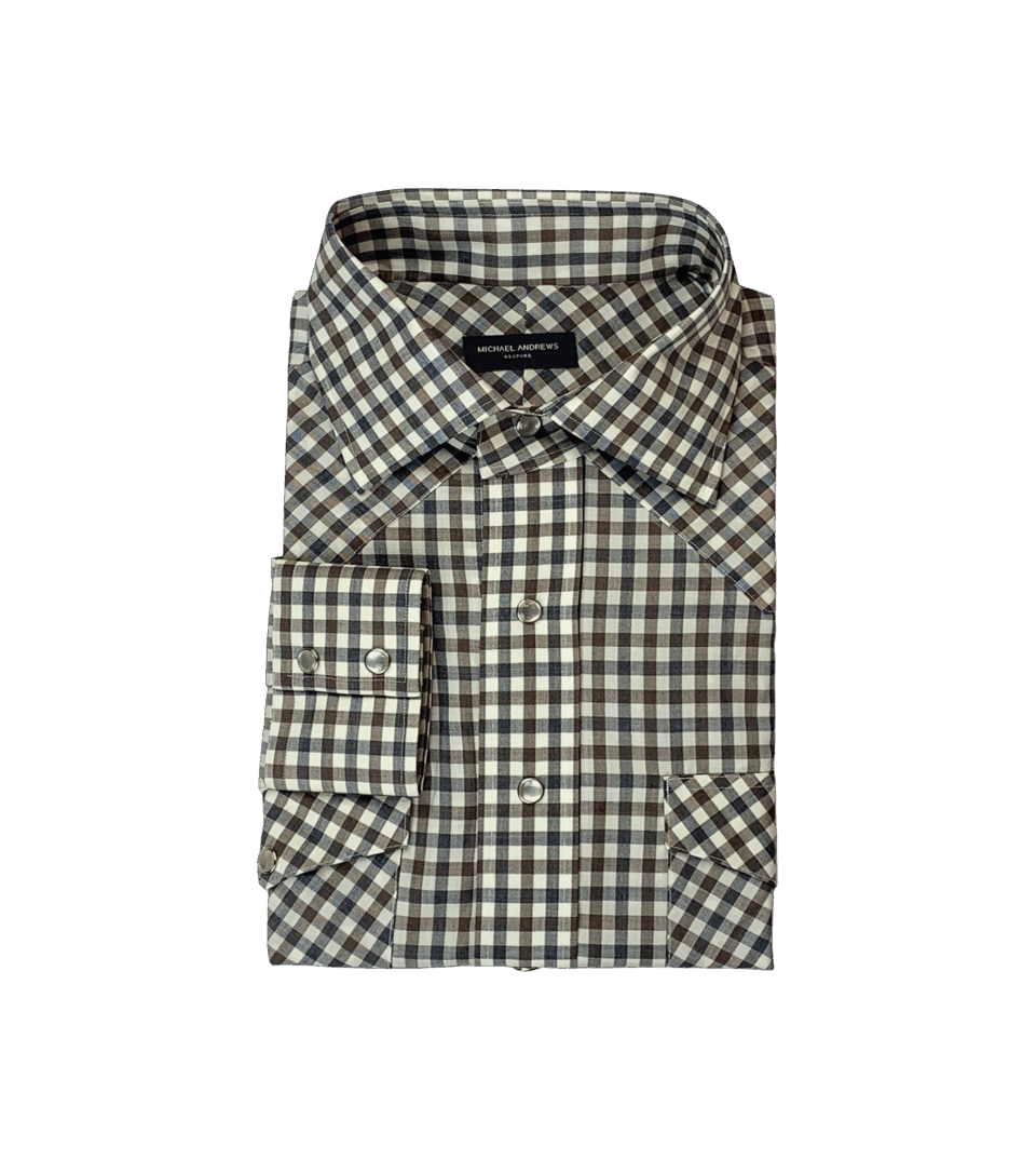 Custom Grey and Brown Gingham Merino Wool Western Shirt