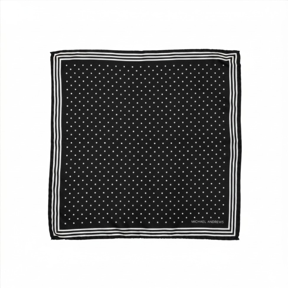 Black Pocket Square with Classic White Polka Dots and Striped Border