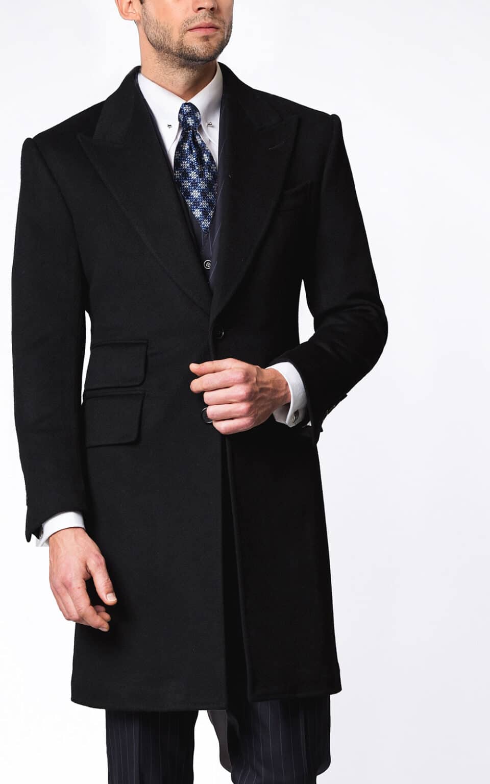 (product) Midnight Blue Overcoat, modeled front view with buttoned detail