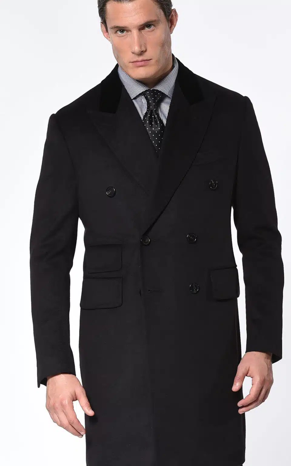 (product) Black Pure Cashmere DB Overcoat, full front view