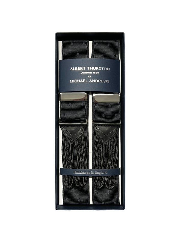 Albert Thurston Black Mono Dot Suspenders with Gold Hardware (Short)