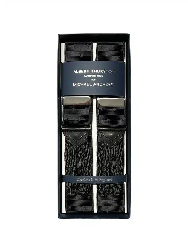 Albert Thurston Black Mono Dot Suspenders with Gold Hardware (Short)