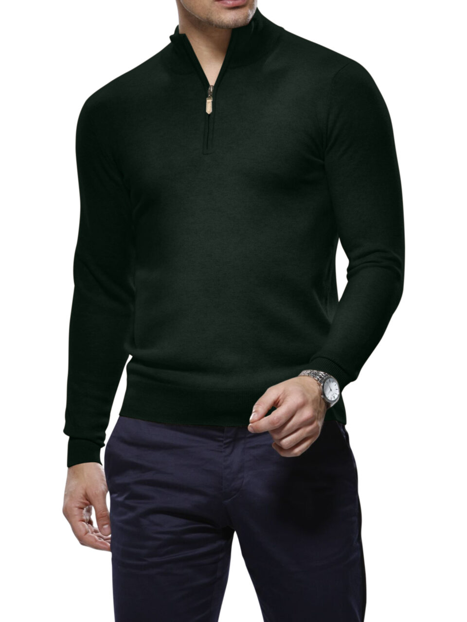 (product) Bottle Green Cashmere 1/4 Zip Mock Sweater