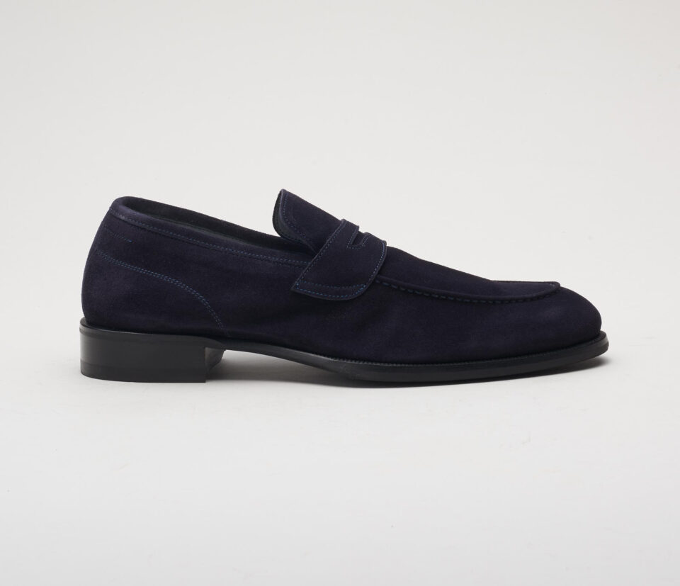 (product) Brera Navy Suede Loafer, Single shoe side view
