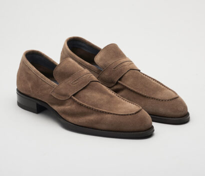 (product) Brera Farro Brown Suede Loafer, Angled pair view