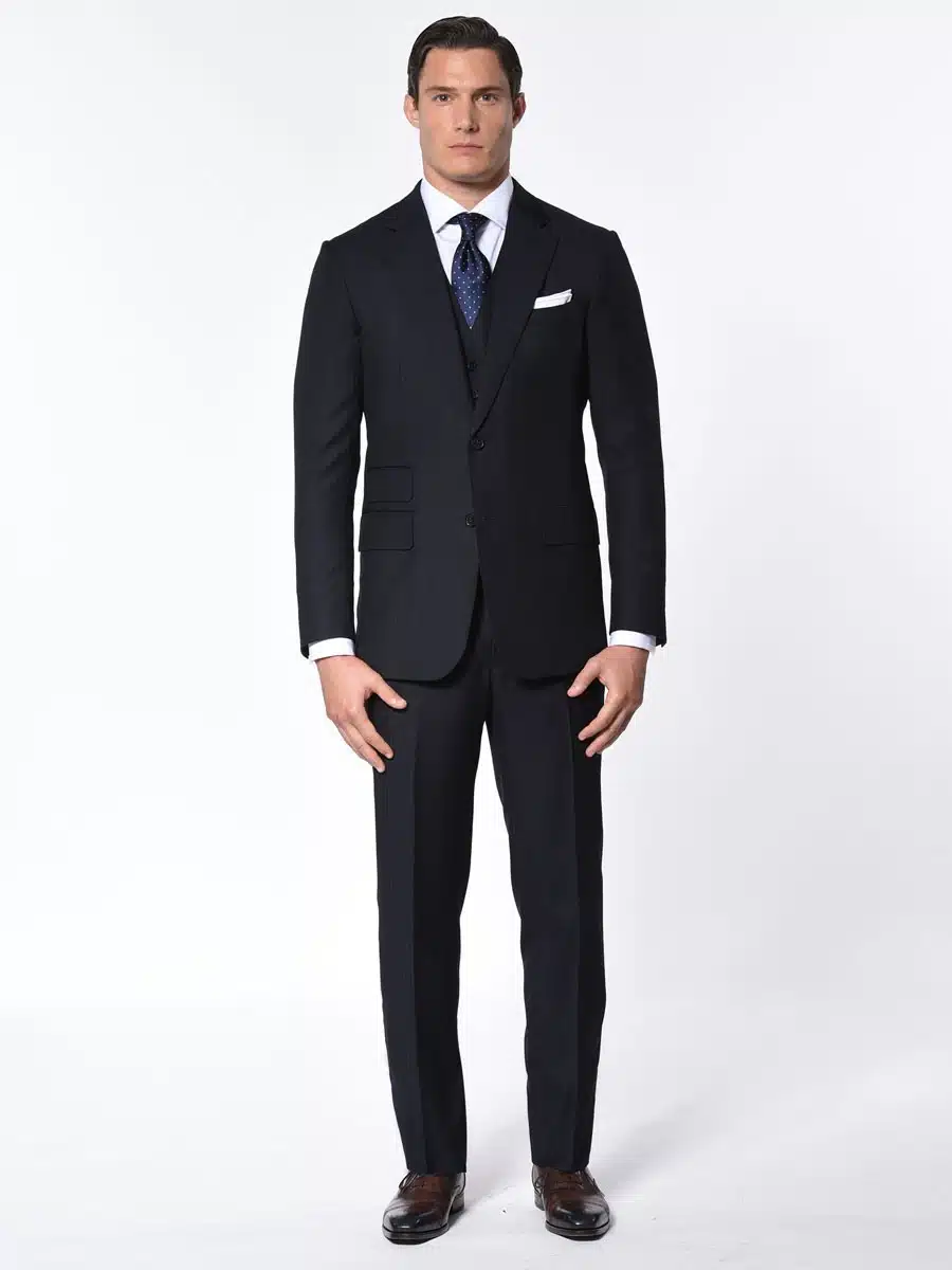 (product) Navy Herringbone Bespoke Suit, full front view