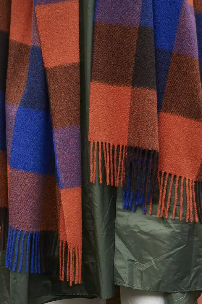 (product) Cobalt Block Check Cashmere Stole, close-up view
