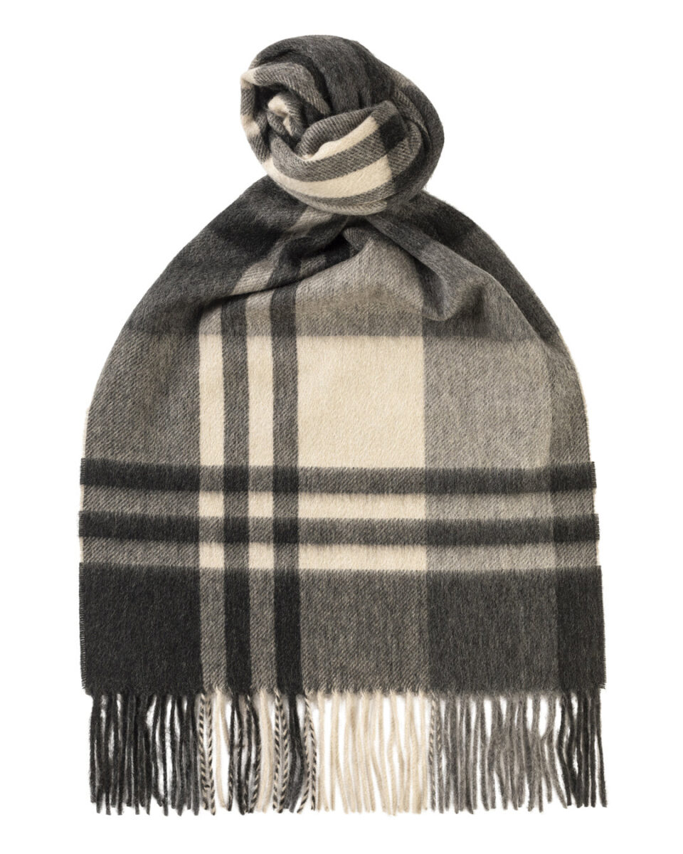(product) Grey Primary Blackwatch Cashmere Scarf, Knotted