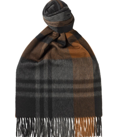 (product) Brown Primary Blackwatch Cashmere Scarf, Knotted