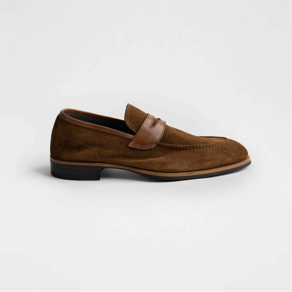 (product) Brera Tobacco Suede Loafer, Single shoe side view