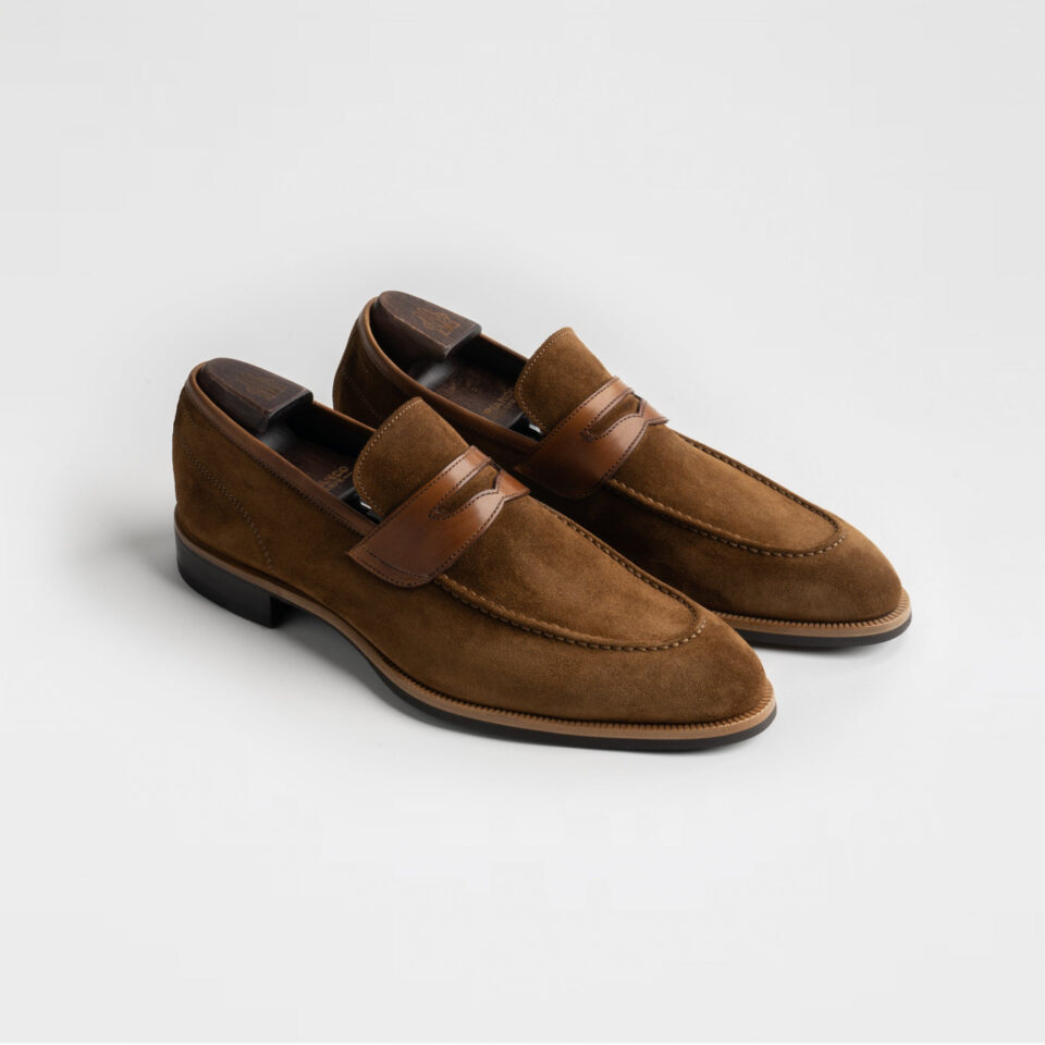 (product) Brera Tobacco Suede Loafer, Angled pair view