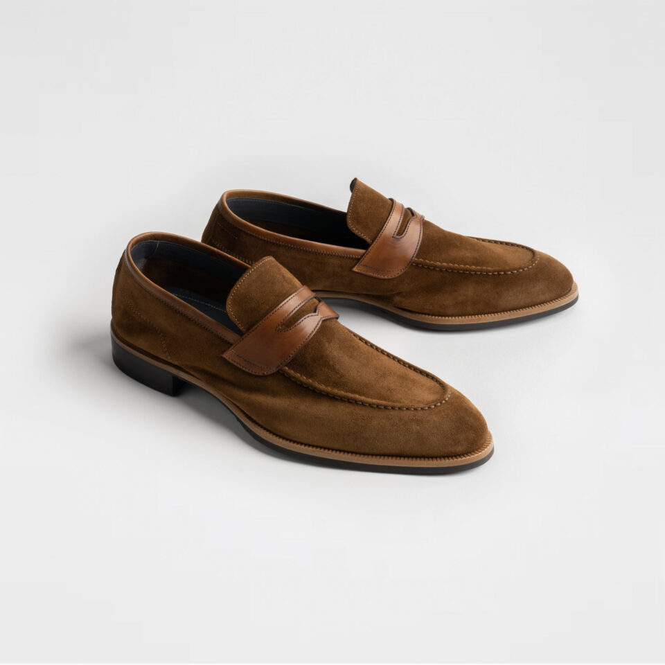 (product) Brera Tobacco Suede Loafer, Angled pair view