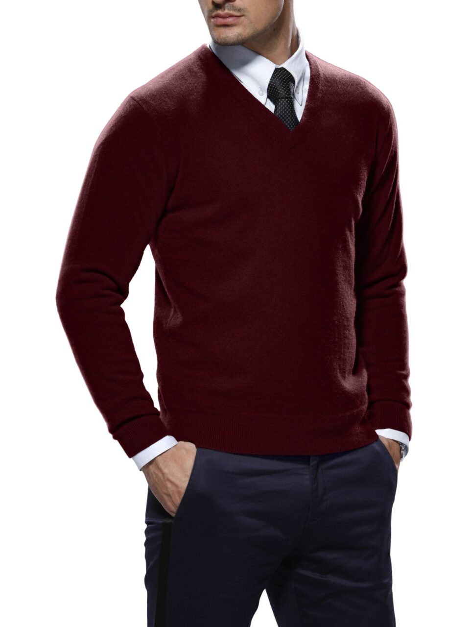 (product) Dark Merlot Merino Wool V-Neck Sweater