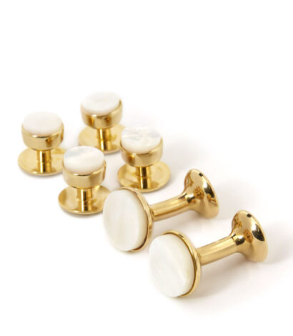 (product) Mother of Pearl Stud and Cufflink Set (Yellow Gold)