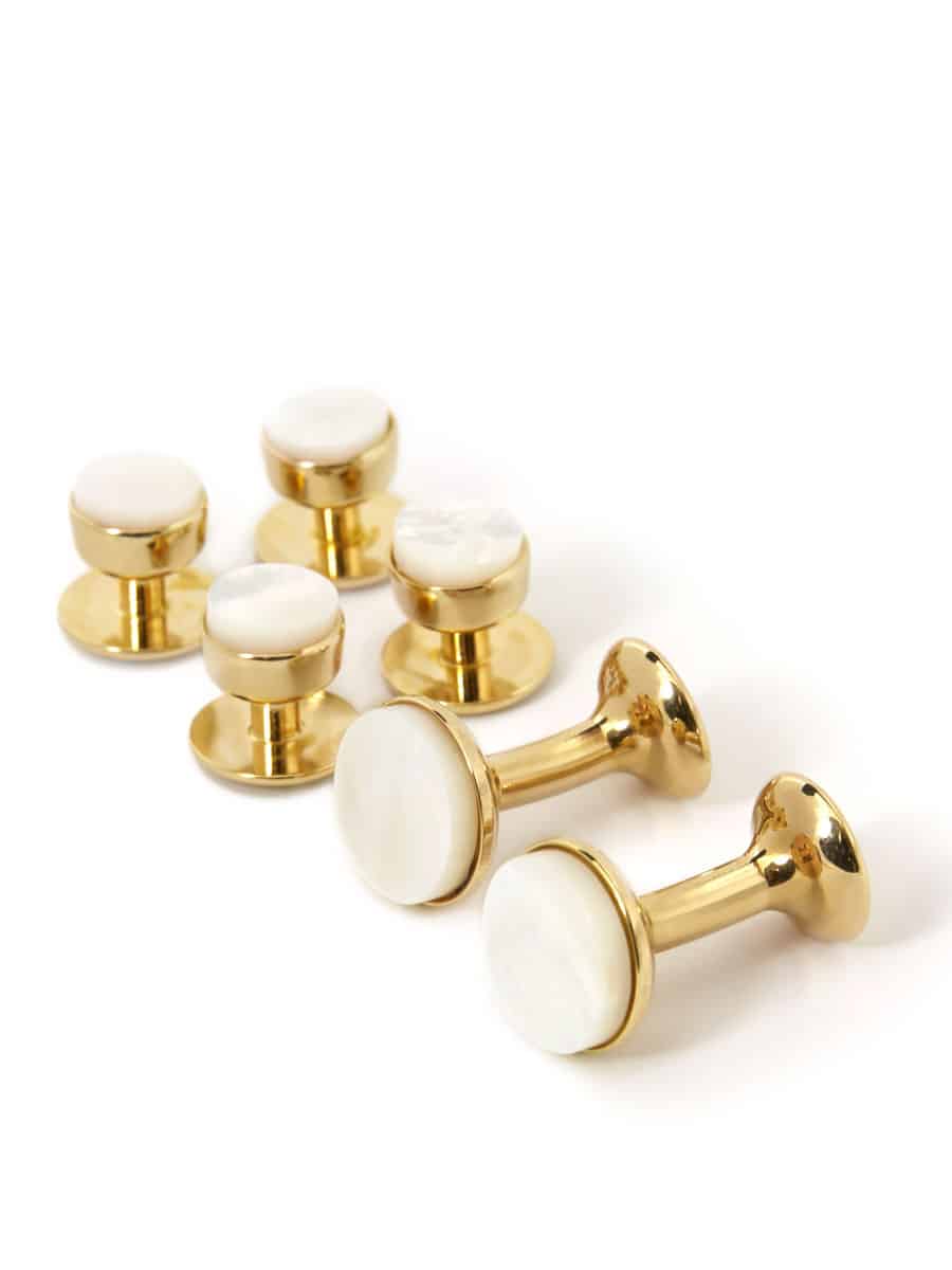 (product) Mother of Pearl Stud and Cufflink Set (Yellow Gold)