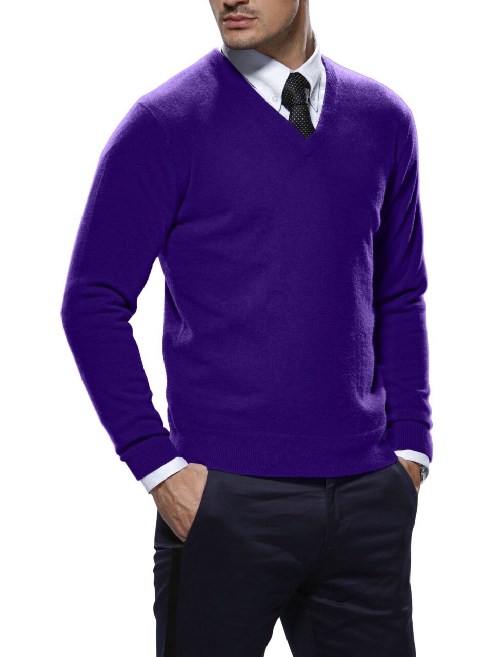 (product) Eggplant Merino Wool V-Neck Sweater