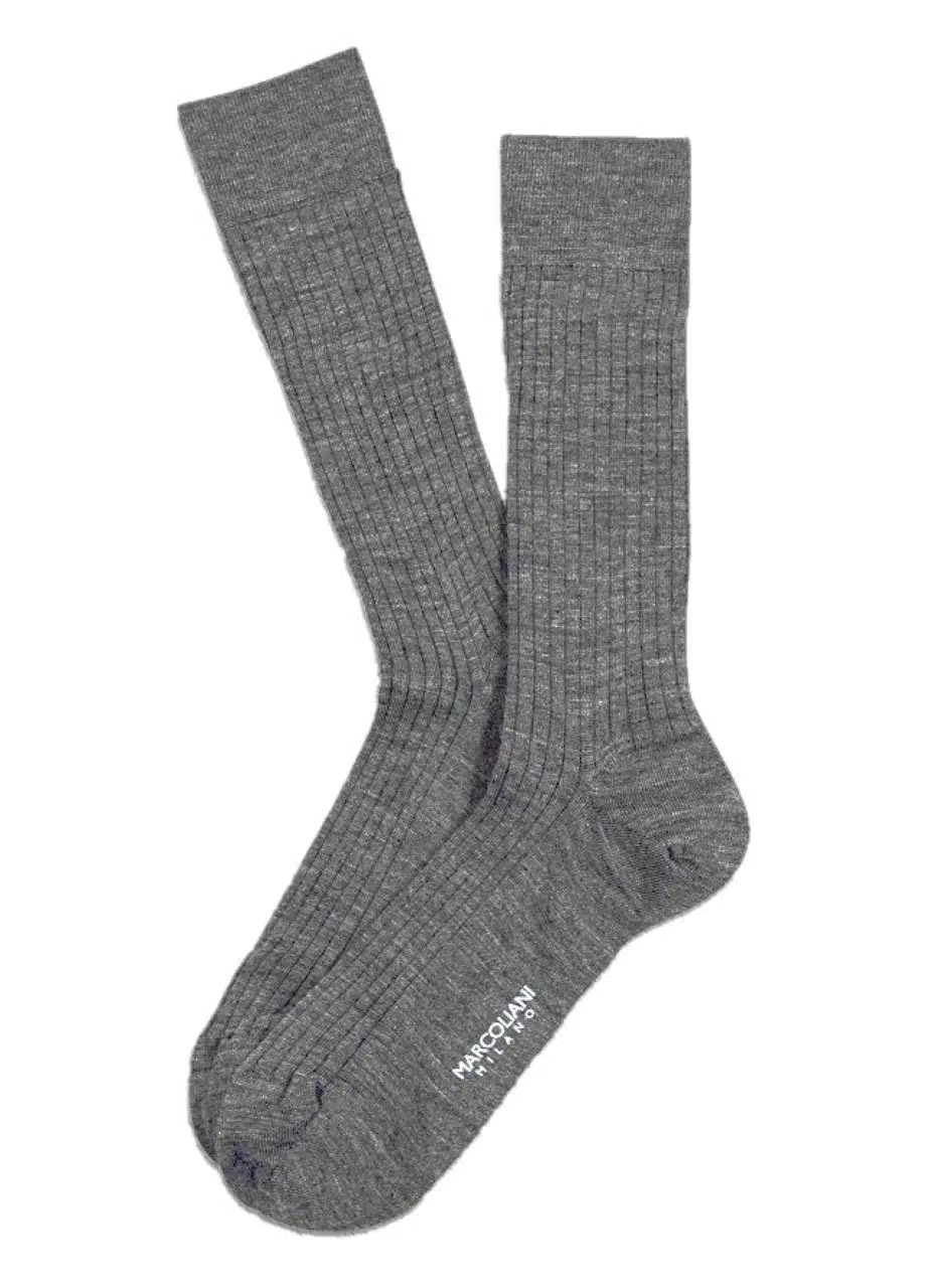 (product) Marcoliani Flannel Grey Merino Ribbed Mid-Calf Dress Socks