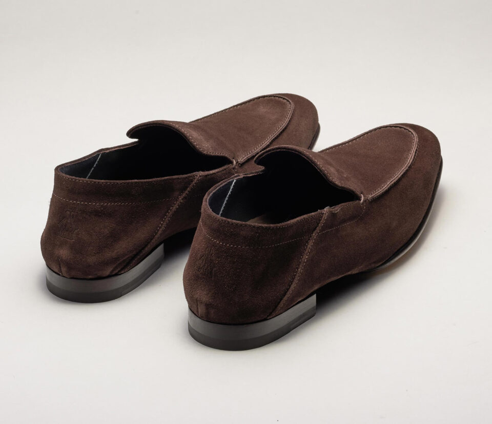 (product) Gallipoli Mogano Suede Loafer, Back view of the pair