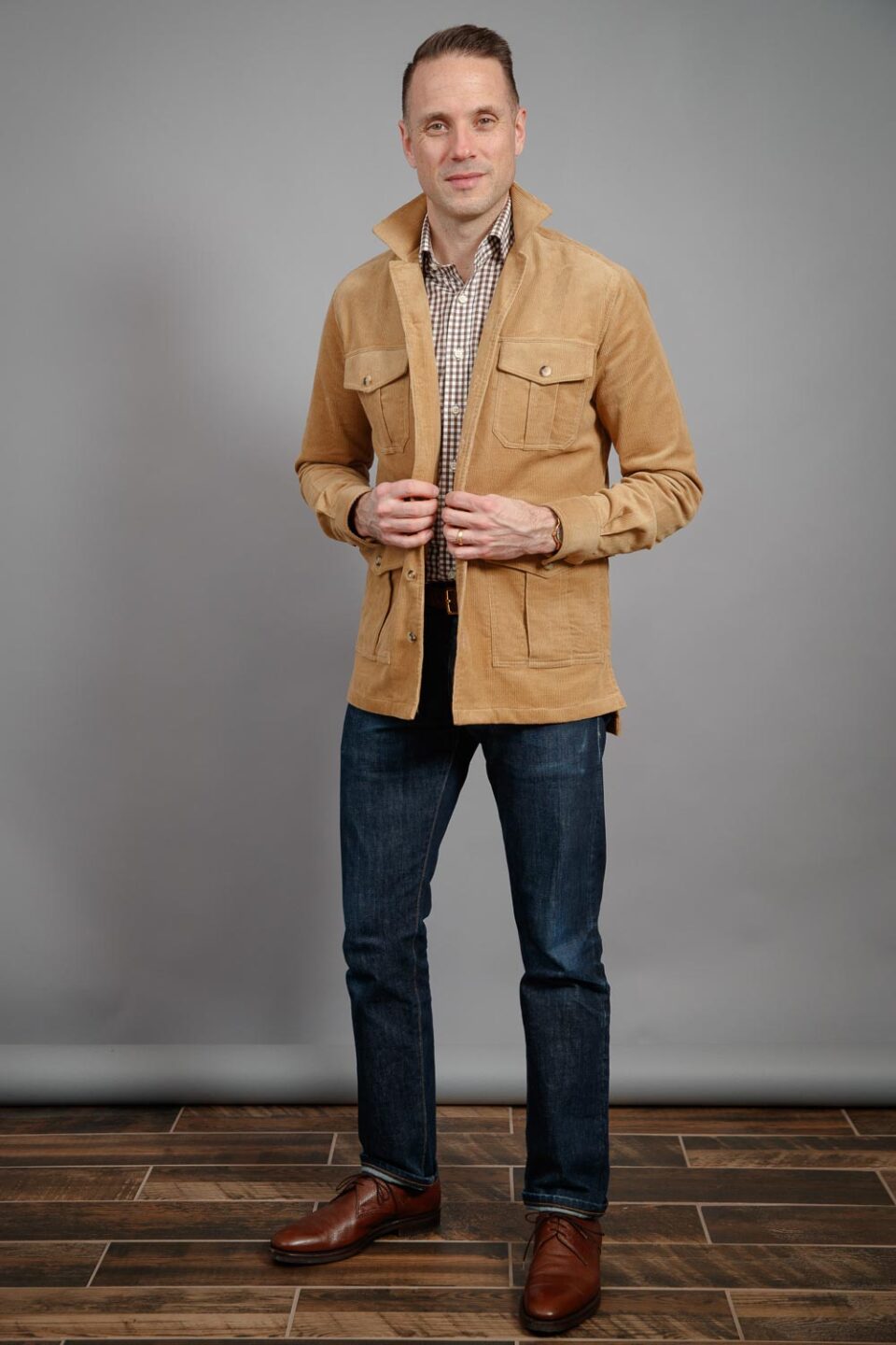 (product) Light Brown Stretch Corduroy Safari Shirt Jacket