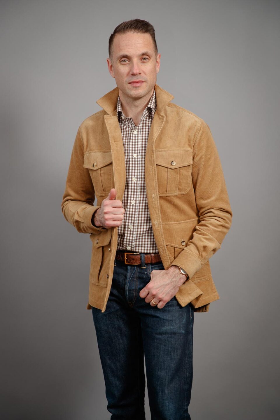(product) Light Brown Stretch Corduroy Safari Shirt Jacket