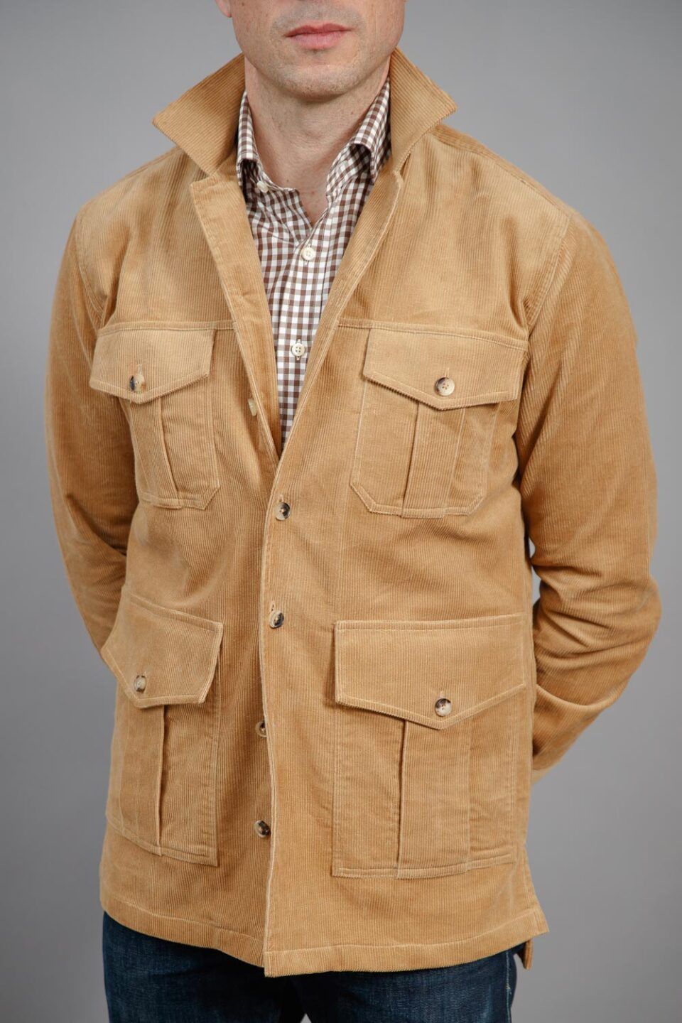 (product) Light Brown Stretch Corduroy Safari Shirt Jacket