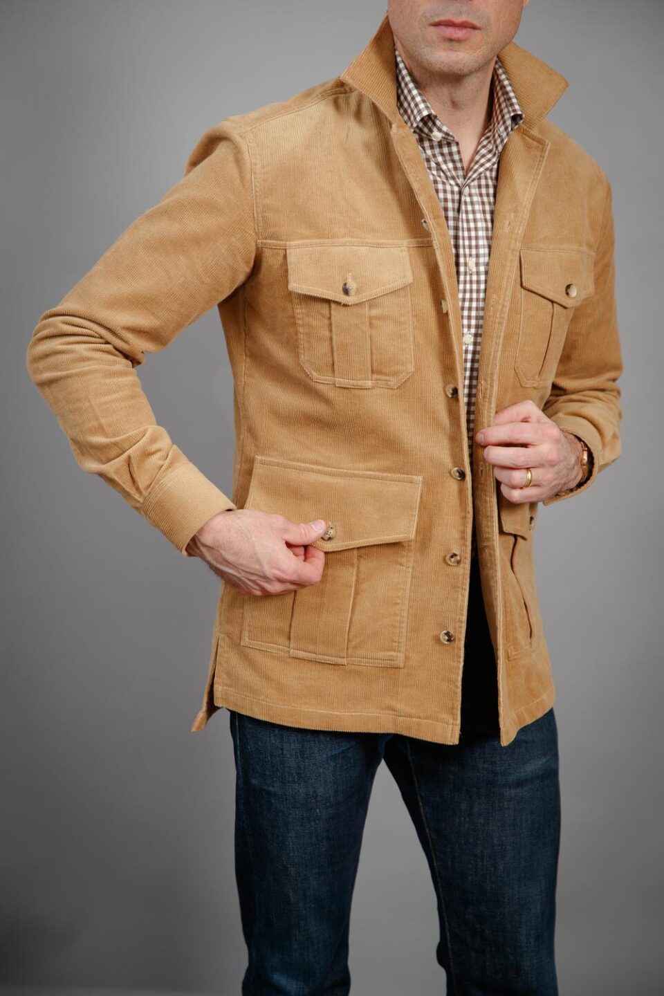 (product) Light Brown Stretch Corduroy Safari Shirt Jacket