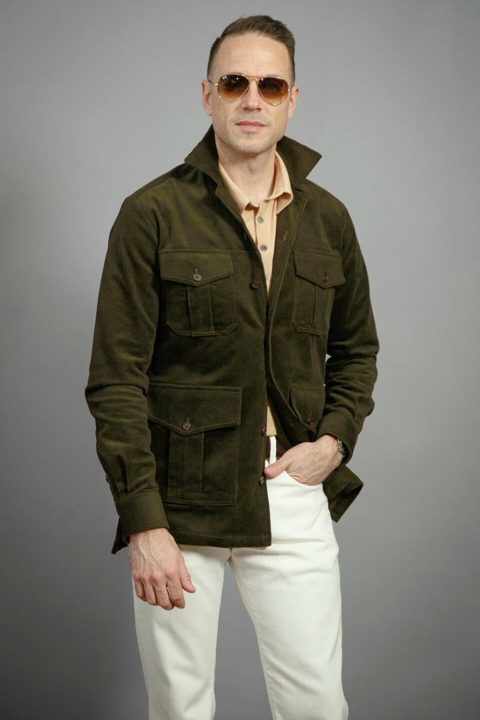 (product) Hunter Green Stretch Corduroy Safari Shirt Jacket