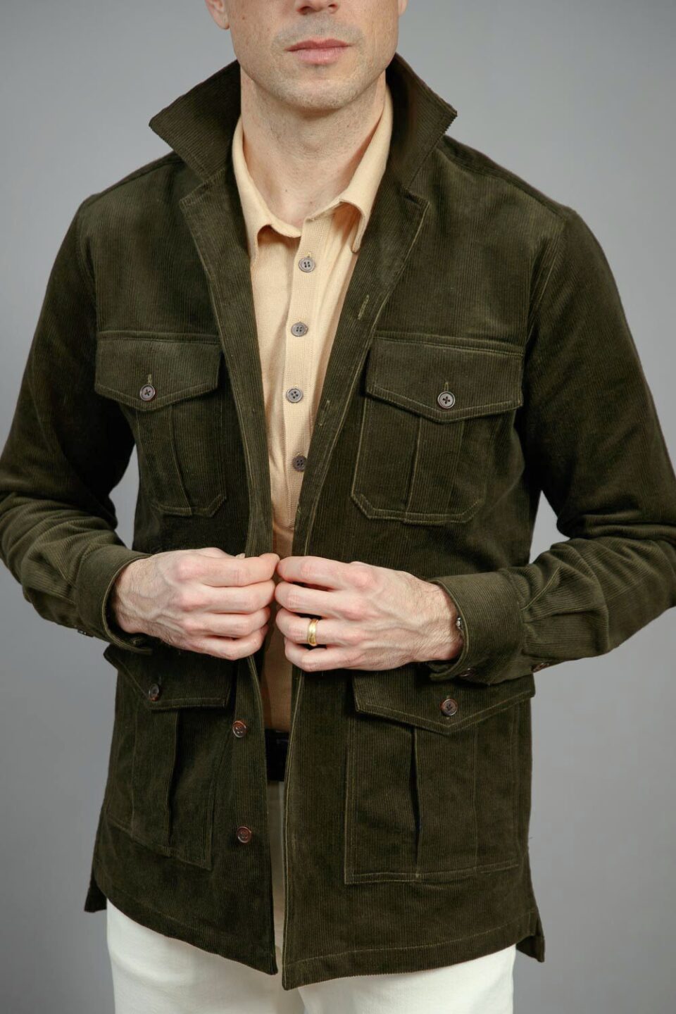 (product) Hunter Green Stretch Corduroy Safari Shirt Jacket