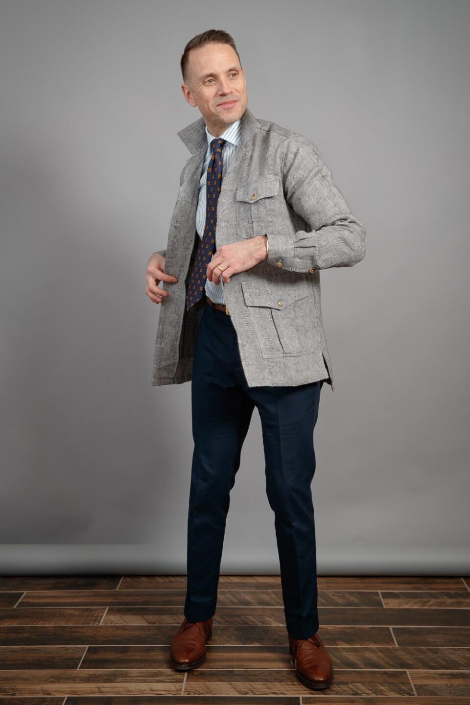 (product) Black & White Herringbone Linen Safari Shirt Jacket