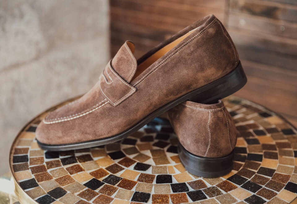 (product) Amato Pyske Suede Loafers, Angled pair view