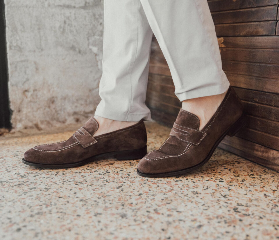 (product) Amato Pyske Suede Loafers, worn by a model