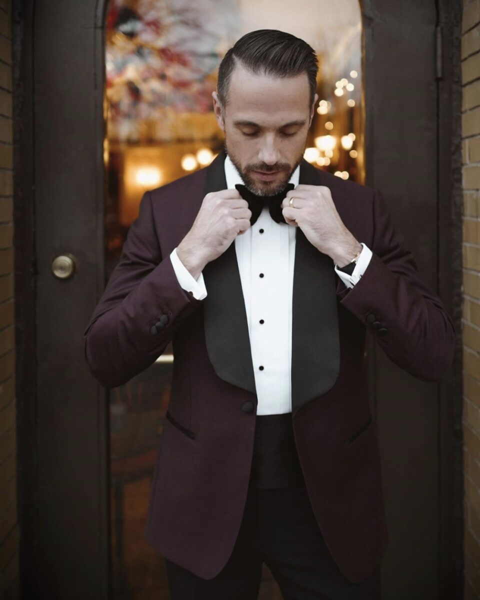(product) Bespoke Maroon Sharkskin Dinner Jacket, accessorized with a bow tie and pocket square