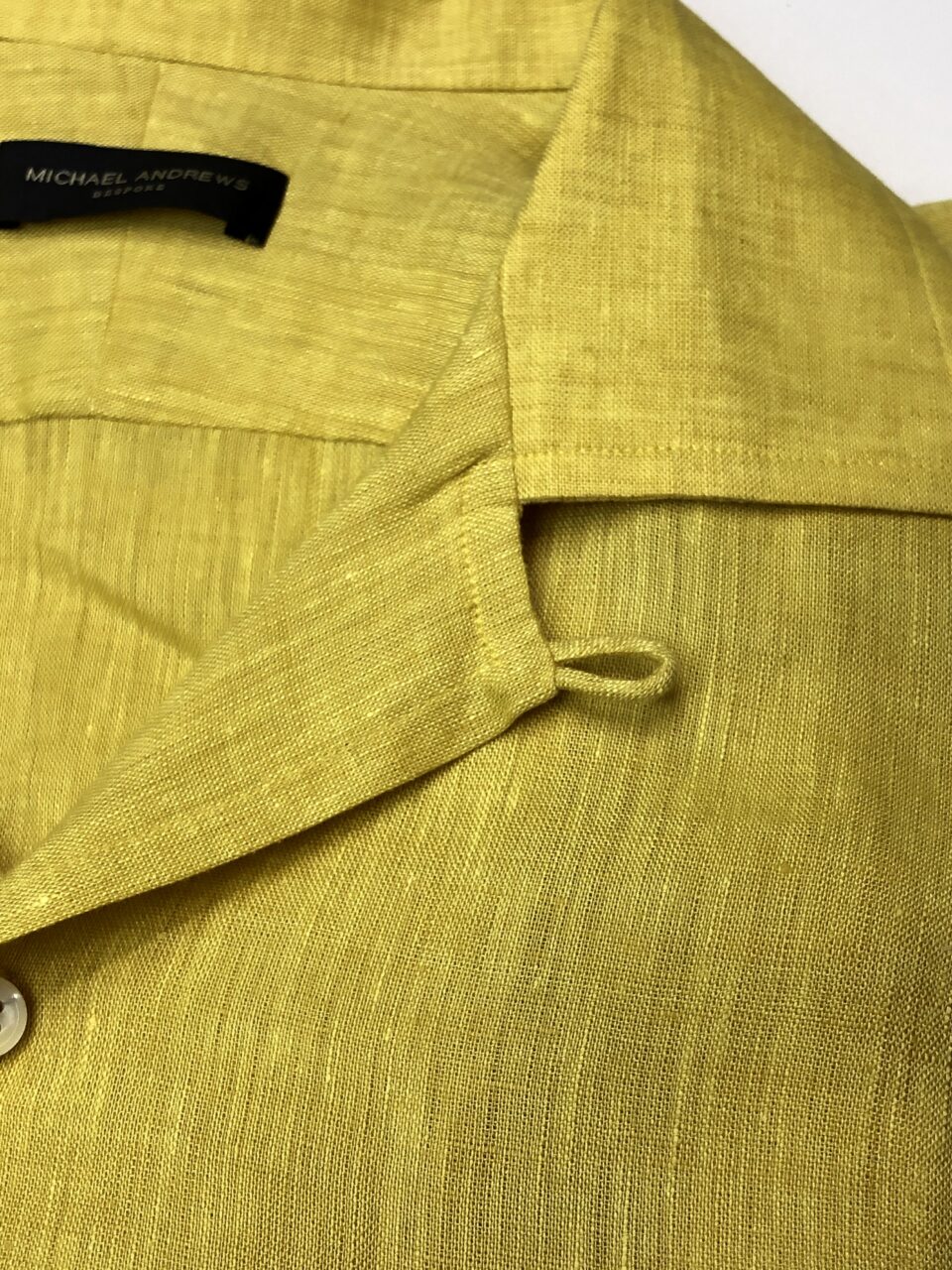 (product) Mustard Yellow Linen Long Sleeve Camp Shirt, collar detail