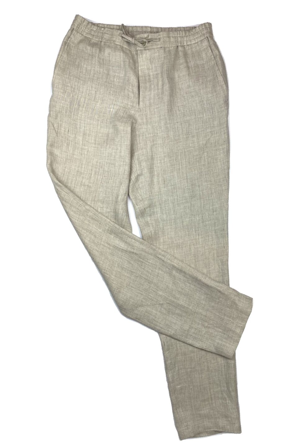 (product) Tan Linen Elastic Waist Pants, displayed flat for detail