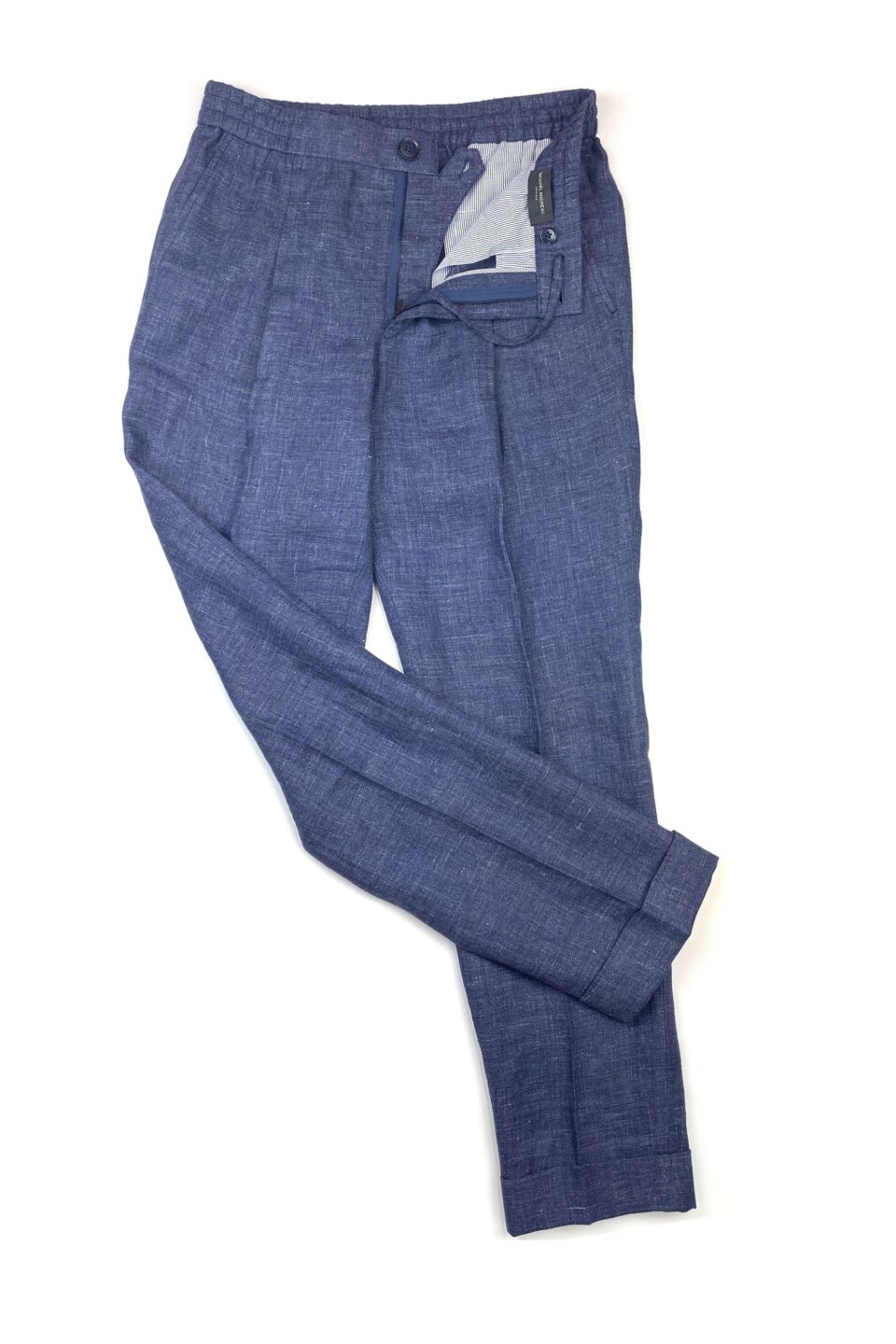 (product) Dark Blue Linen Elastic Waist Pants, displayed flat for detail