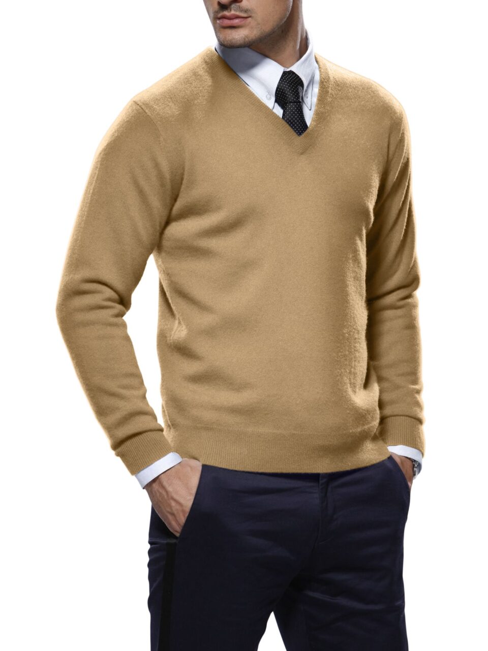 (product) Light Camel Merino V-Neck Sweater