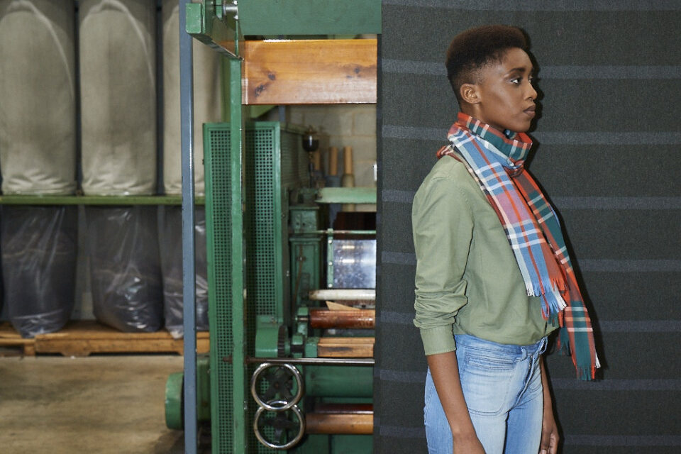 (product) Citrus Lightweight Merino Plaid Stole worn by a model