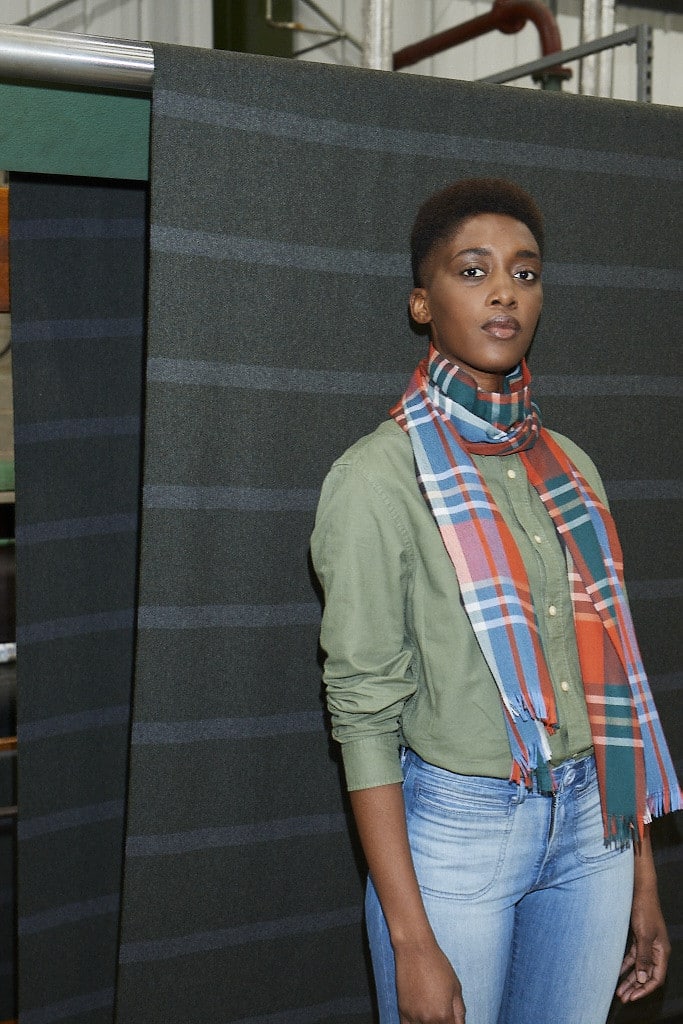 (product) Citrus Lightweight Merino Plaid Stole worn by a model