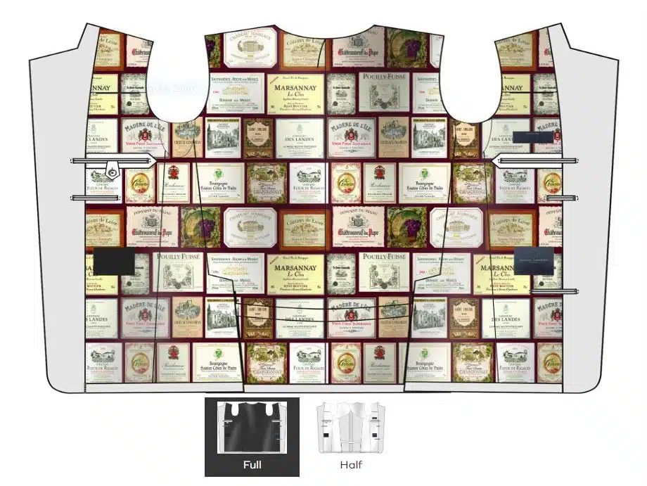 (product) Bespoke Maroon Sharkskin Dinner Jacket, Lining design featuring vintage-style wine label graphics