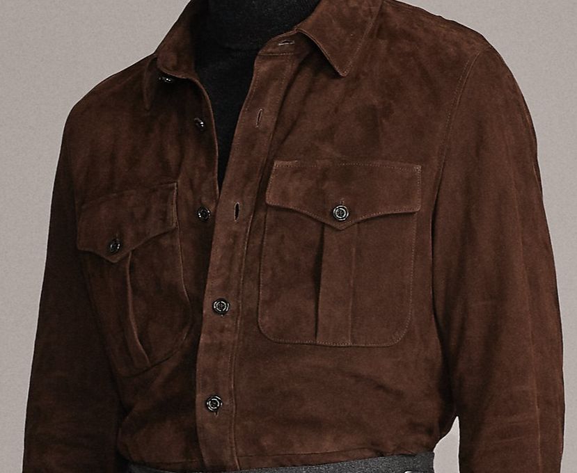 (product) Dark Brown Lamb Suede Overshirt, close-up view