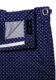 (product) Navy with Blue and Light Blue Dots Swim Shorts, close-up view