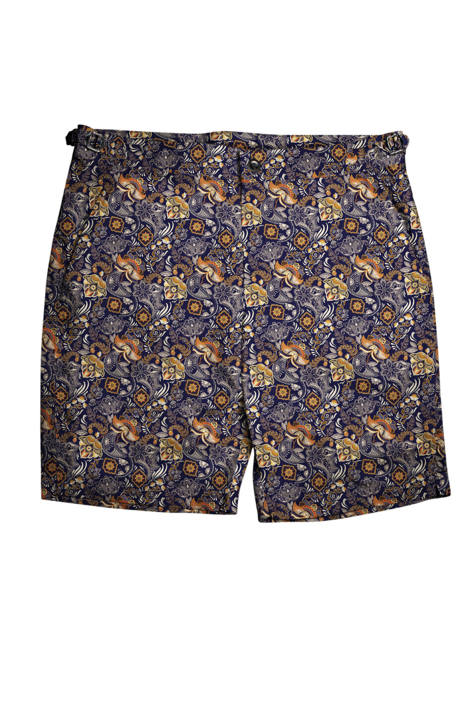 (product) Navy, Orange and Tan Paisley Swim Shorts, full view