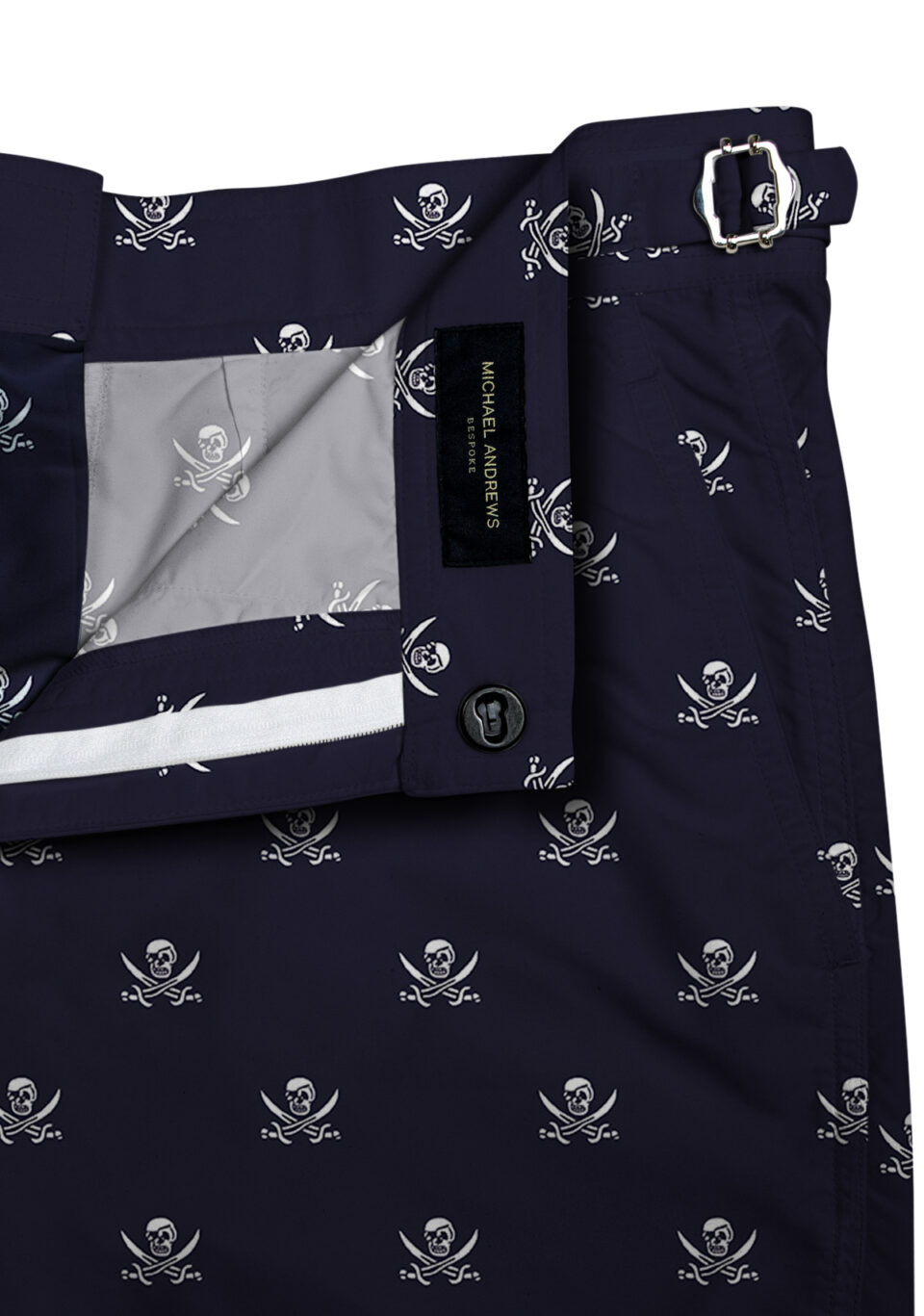 (product) Navy Jolly Roger Swim Swim Shorts, close-up view