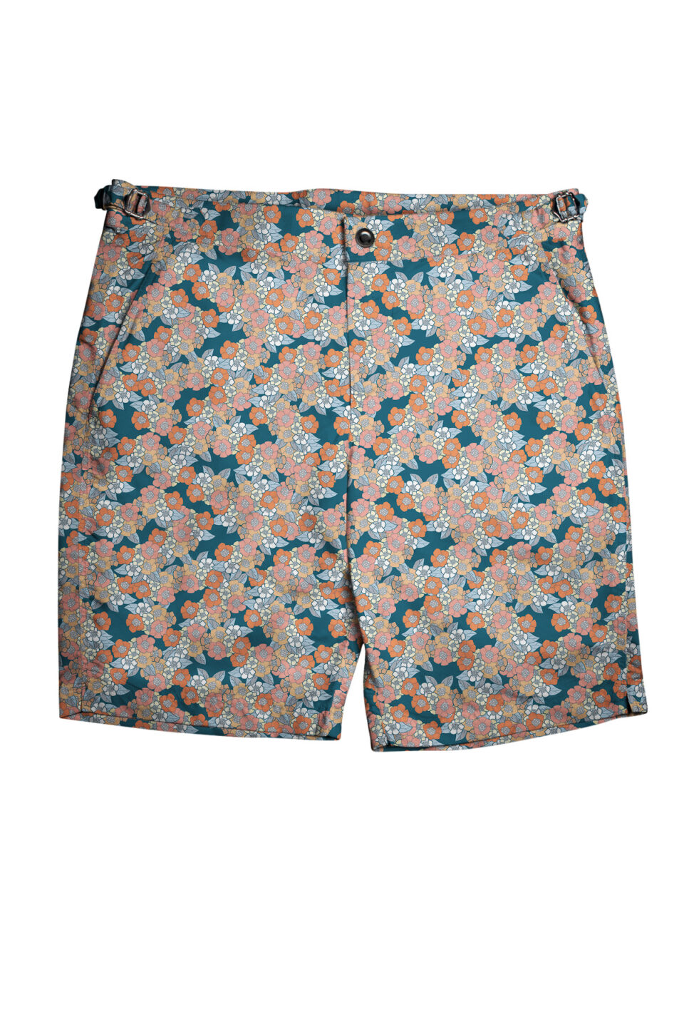 (product) Blue with Orange Flowers Swim Shorts, full view