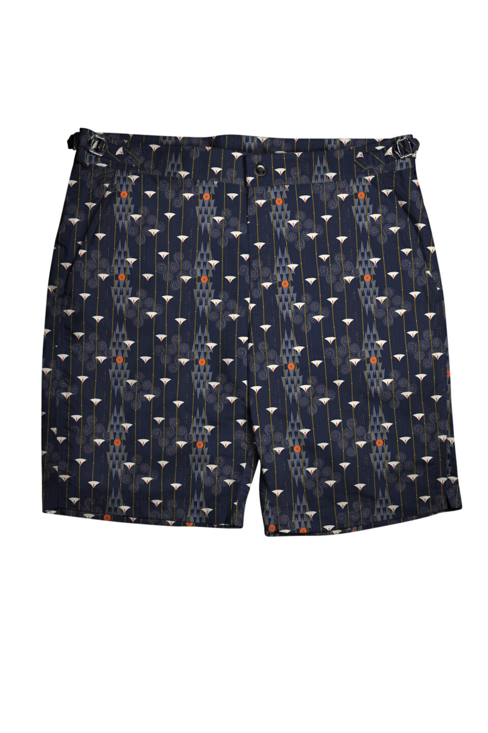 (product) Navy Art Deco Motif Swim Shorts, full view