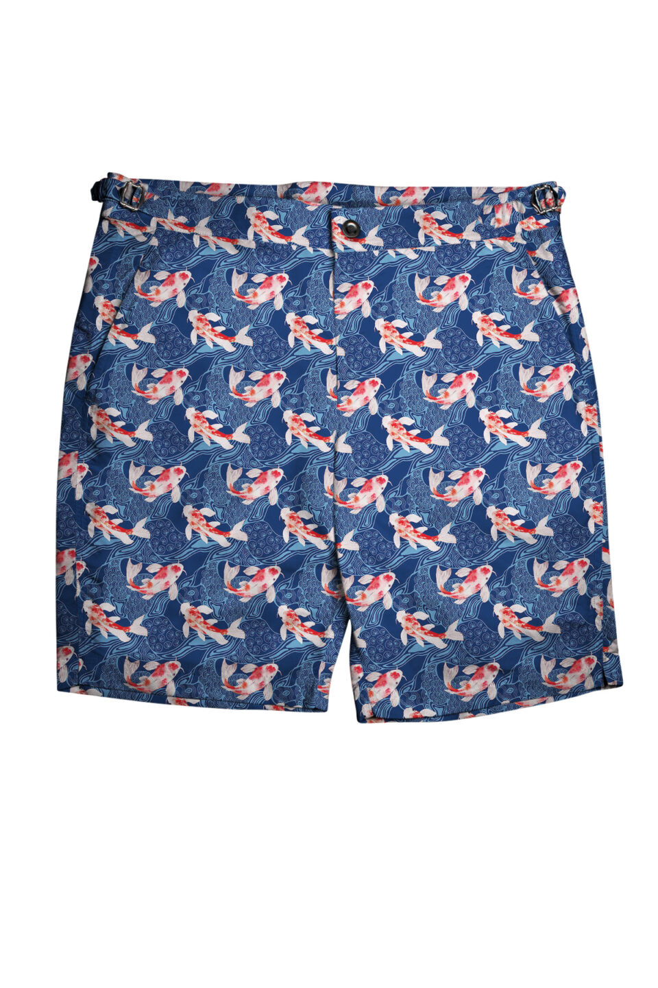 (product) Blue & Red Koi Fish Swim Shorts, full view